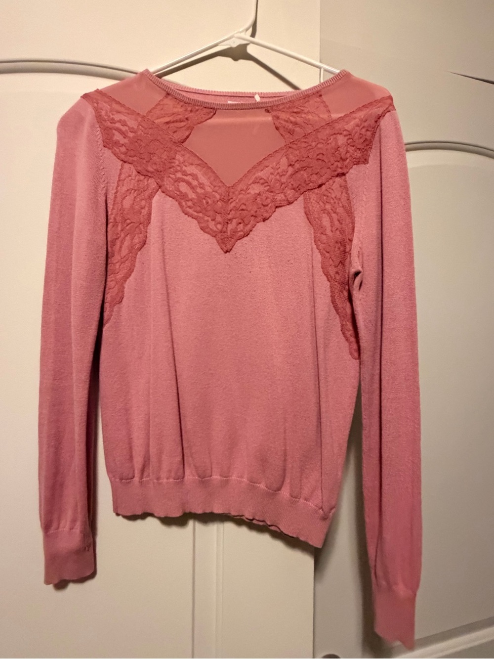 Kimchi Blue - M -  Women's Pink Lace-Trim Sweater